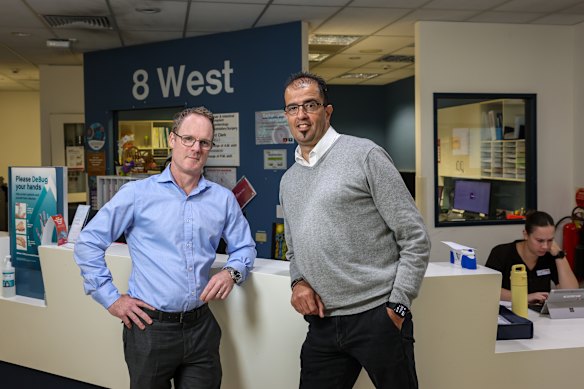 Surgeon Graham Starkey (left) and Frank Giamarelos, who is the first double organ transplant recipient to receive two perfused organs in Australia. 