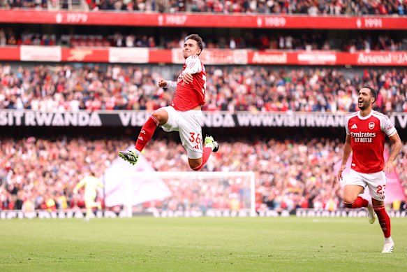Martin Zubimendi of Arsenal scores his first goal for Arsenal.