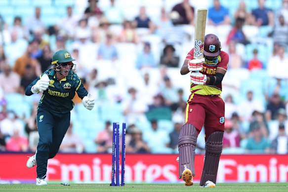 Hayley Matthews of West Indies is bowled out by Georgia Wareham.