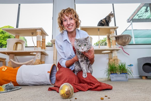 Erin Kennedy in her cat room holding March the cat. Tabs is on the cat tree.