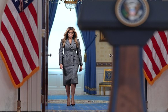 Melania Trump arrives to make her surprise statement on Thursday.