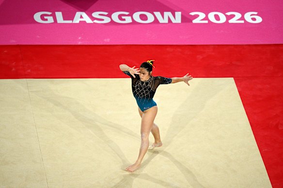 Georgia Godwin performs choreography during her floor routine in the women’s all-around team final.