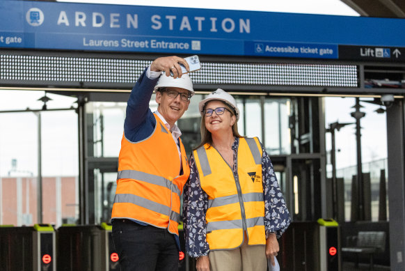 Victorian Premier Jacinta Allan and Sport Minister Steve Dimopoulos astatine  the caller   Arden station.