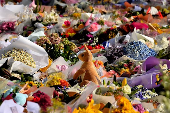 A toy kangaroo among a sea of flowers at the memorial to those killed and injured in Sunday’s attack.