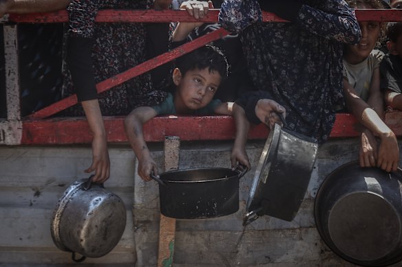 Australia has joined 27 other nations in condemning Israel&rsquo;s &ldquo;drip-feeding of aid and the inhumane killing of civilians, including children, seeking to meet their most basic need of water and food&rdquo;.&nbsp;This image was taken in Gaza City on Tuesday.