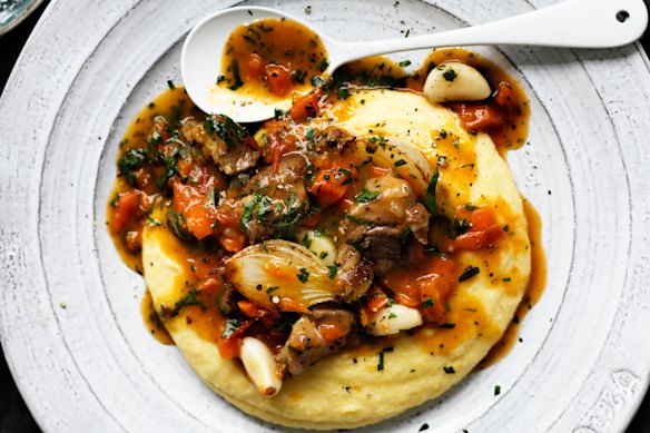 Braised lamb necks, pearl onions and garlic.