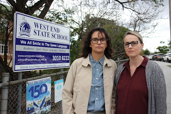 Seleneah More and Vanessa Bertagnole outside West End State School, opposite the 33 Vulture Street site. 