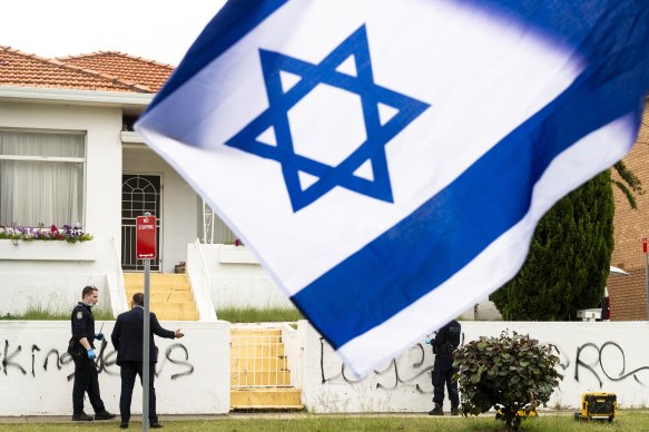 Police examine antisemitic graffiti in Maroubra this year.