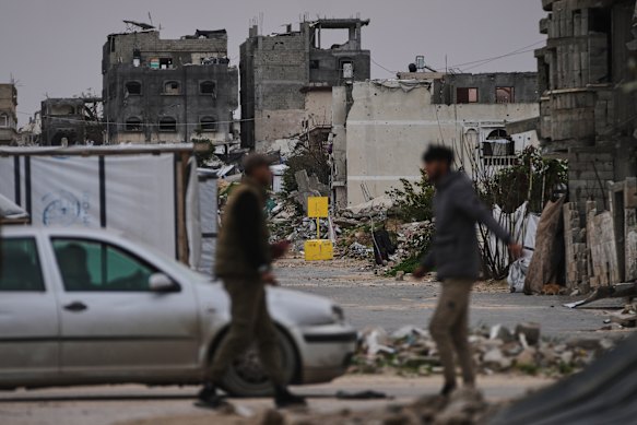 A yellow block demarcating the “Yellow Line,” which has separated the Gaza Strip’s Israeli-held and Palestinian zones since the October ceasefire.