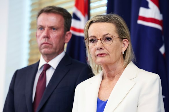 Shadow spokesman for energy and emissions reduction Dan Tehan and Opposition leader Sussan Ley during a press conference at Parliament House.