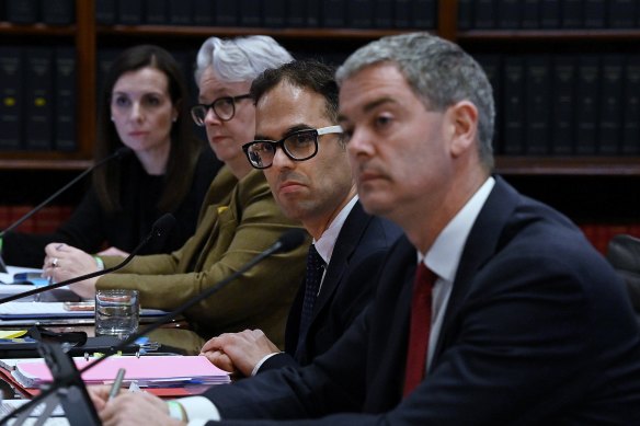 Labor MPs Courtney Houssos, Penny Sharpe, Daniel Mookhey and  John Graham (left to right) listen to John Barilaro who was brought before the upper house when Labor was in Opposition. Upper House inquiries earned Mookhey a reputation as forensic inquisitor.
