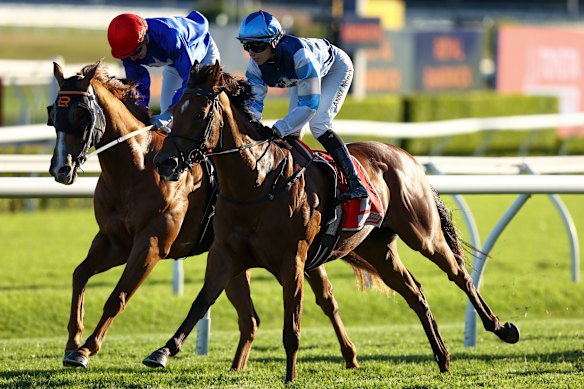 Sunrise (right), with Anna Roper aboard, wins at Randwick on November 4.