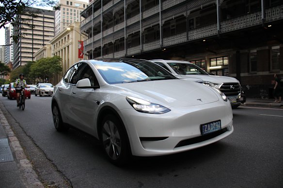 A Tesla Model Y on Ann Street in the Brisbane CBD on Monday. 