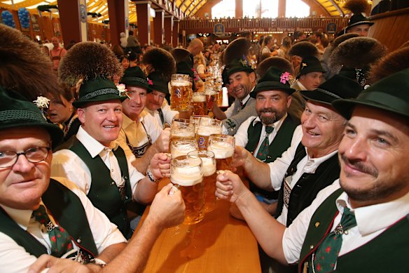 A beer hall at its most lively during Oktoberfest in Munich.