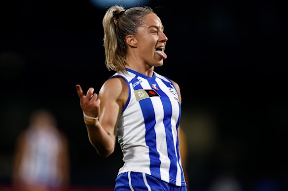 Alice O’Loughlin of the Kangaroos celebrates a goal.