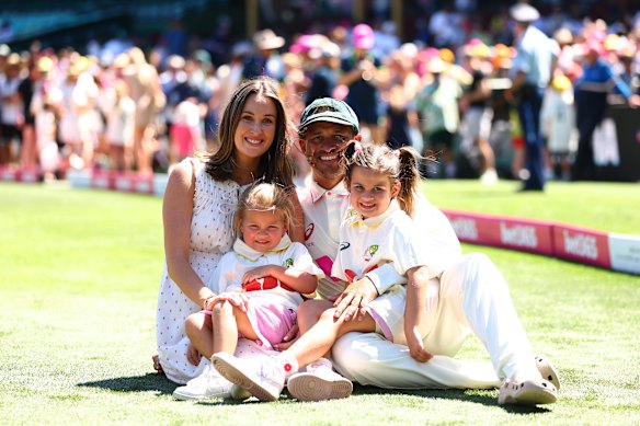 Usman Khawaja relaxes wife Rachel and daughters Aisha and Ayla after his Test career ended on Thursday at the SCG.