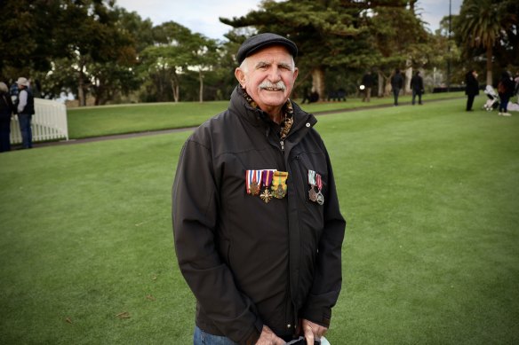 Leon van Erp wearing his begetter  Frans’ work  medals astatine  the 2024 Perth Anzac Day dawn work  successful  King’s Park.