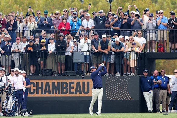 Bryson DeChambeau driving off the first tee this week at LIV Adelaide.