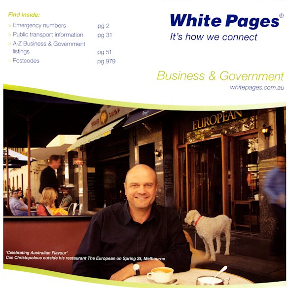 Christopoulos on the cover of the 2008 White Pages, in front of The European.
