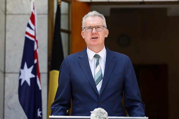 Home Affairs Minister Tony Burke addressing a press conference on Monday. 