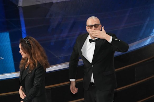 Shirin Sohani, left, and Hossein Molayemi accept the award for Best Animated Short.
