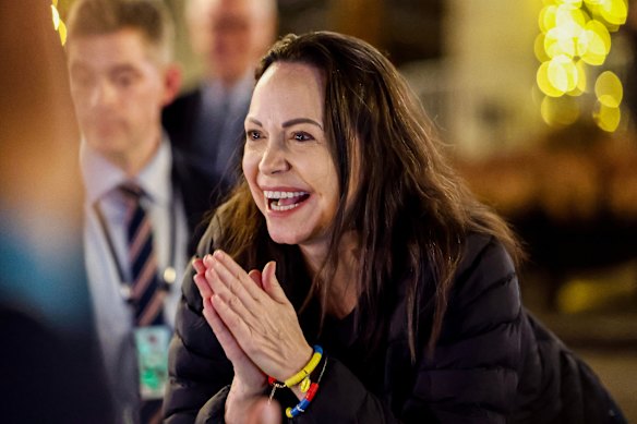 Nobel Peace Prize laureate Maria Corina Machado reacts to the crowd gathered in front of the Grand Hotel, in Oslo, Norway.