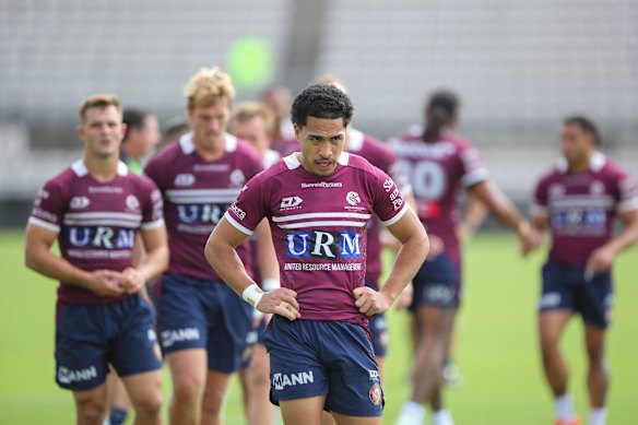Manly winger Lehi Hopoate takes time out in a friendly match-up against St George Illawarra on Friday. 