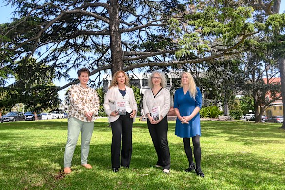 Alice Anderson Memorial Project members Stella Loong, Tina Russo, Samantha Loverich, and Susan Reddrop at Petrie Square in Kew, where a new statue is proposed.