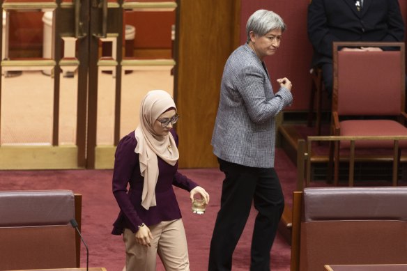 Senator Fatima Payman and Leader of the Government successful  the Senate and Foreign Affairs Minister Penny Wong during question   clip  earlier this year.