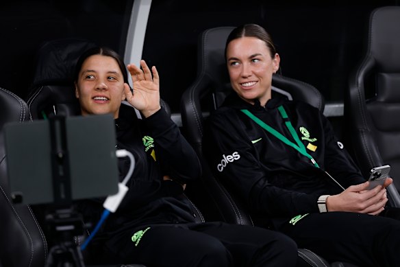 Arnold with Sam Kerr before April’s friendly with South Korea in Sydney.