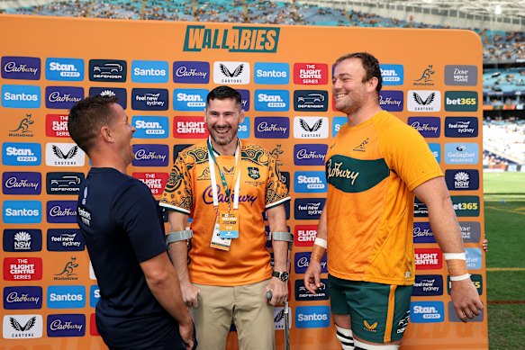 Former Wallabies hooker Nathan Charles at the coin toss ahead of the Bledisloe Cup clash in Sydney last week.