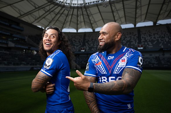Samoa’s Junior Paulo and Jarome Luai at CommBank Stadium, where they meet New Zealand in Sunday’s Pacific Championships final.