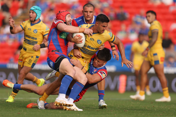 Parramatta’s Dylan Brown on the attack against Newcastle in the trials.