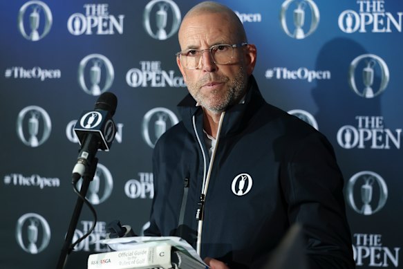 Grant Moir, Executive Director of Governance at The R&A, speaks to the media regarding a two-stoke penalty assessed against Bryson DeChambeau. 