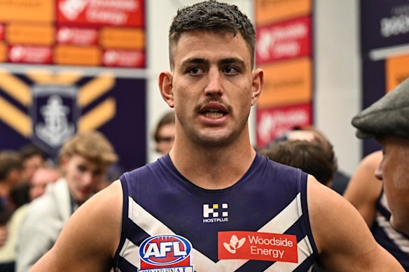 Patrick Voss speaks to the media after Fremantle’s grand final loss.