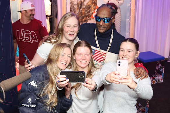 U.S. Olympians Stacy Gaskill, Faye Thelen, Brianna Schnorrbusch and Snoop Dogg at the 2026 Milan-Cortina Olympics in Milan, Italy.