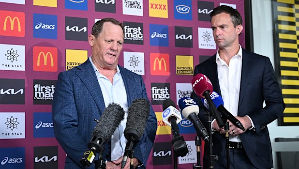 Kevin Walters and Broncos chief executive Dave Donaghy speak to the media in September 2024 after the coach was sacked.