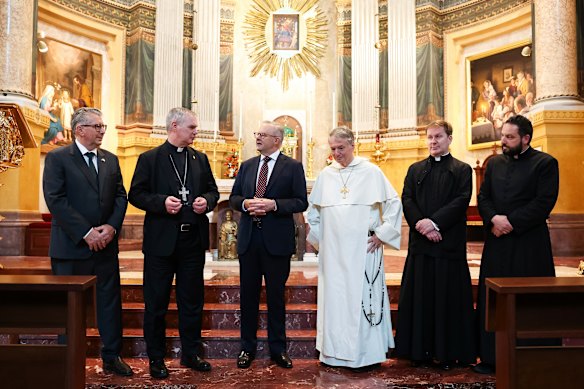 Australian Ambassador-designate to the Holy See, Keith Pitt, Archbishop of Melbourne Peter Comensoli, Prime Minister Anthony Albanese, Archbishop of Sydney Anthony Fisher, Father Joseph Hamilton and Father Lewi Barakat in Rome.
