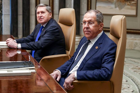 Russian foreign adviser Yuri Ushakov (left) and Foreign Minister Sergei Lavrov at talks with US officials in Saudi Arabia in February.