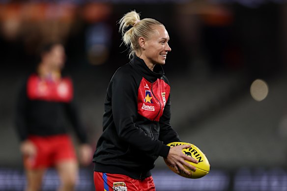 Erin Phillips warms up ahead of the Legends Game For Prostate Cancer on Thursday night.