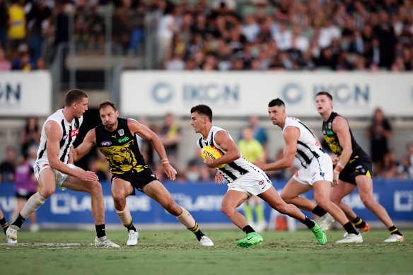 Nick Daicos impressed in Collingwood’s practice match against a young Tigers side.
