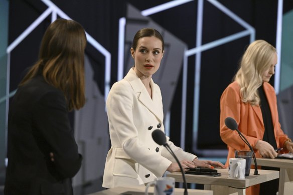 Prime Minister Sanna Marin, center, attends a pre-election debate in Helsinki on Thursday.  The country goes to the polls on Sunday.