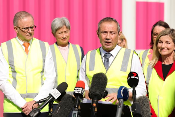 WA premier Roger Cook at a press conference with prime minister Anthony Albanese on Thursday.