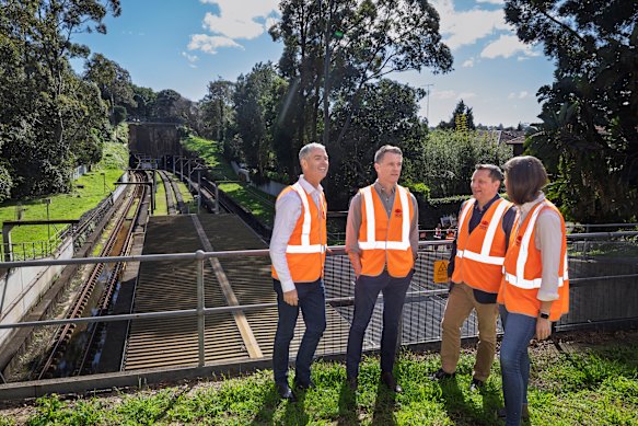 NSW ministers John Graham, Paul Scully and Rose Jackson with Premier Chris Minns at the Woollahra station site in August.