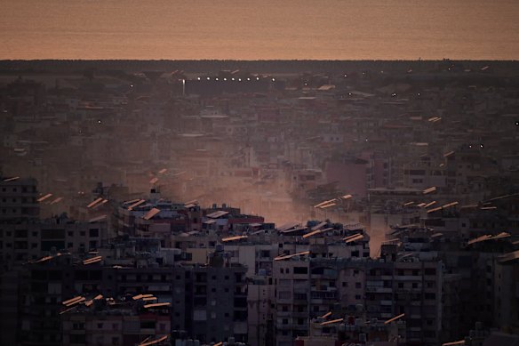 Smoke rising from the southern suburbs of Beirut following an airstrike. 