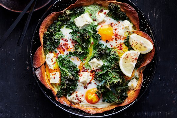 Super-green baked chilaquiles with eggs.
