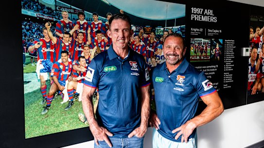 Members of the 1997 premiership winning Newcastle Knights team Stephen Crowe and Robbie O’Davis.