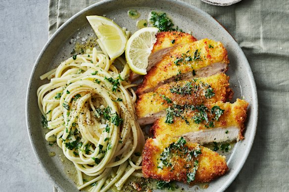 Crumbed chicken with herb and garlic butter pasta recipe. 