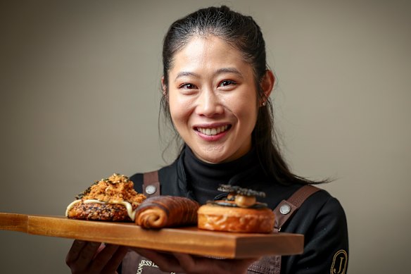Former MasterChef contestant Jess Liemantara with three brand-new pastry creations.