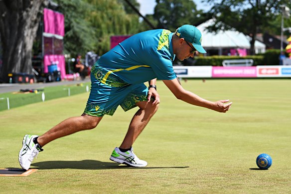 Ben Twist of Australia goes about his business on Monday in the lawn bowls.